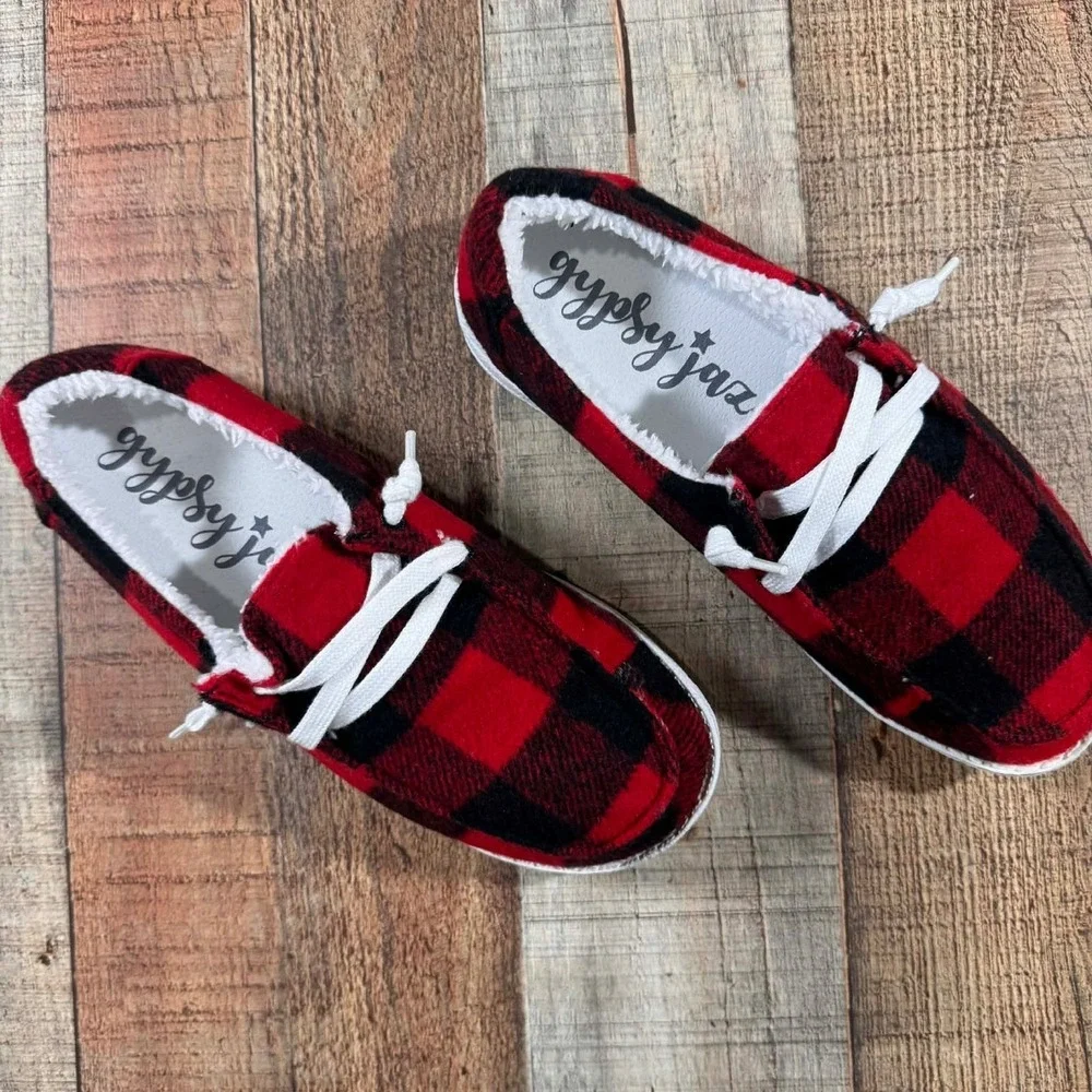 Gypsy Jazz Riley Buffalo Plaid Shoes Womens Size 8 Cozy Slip On Lace